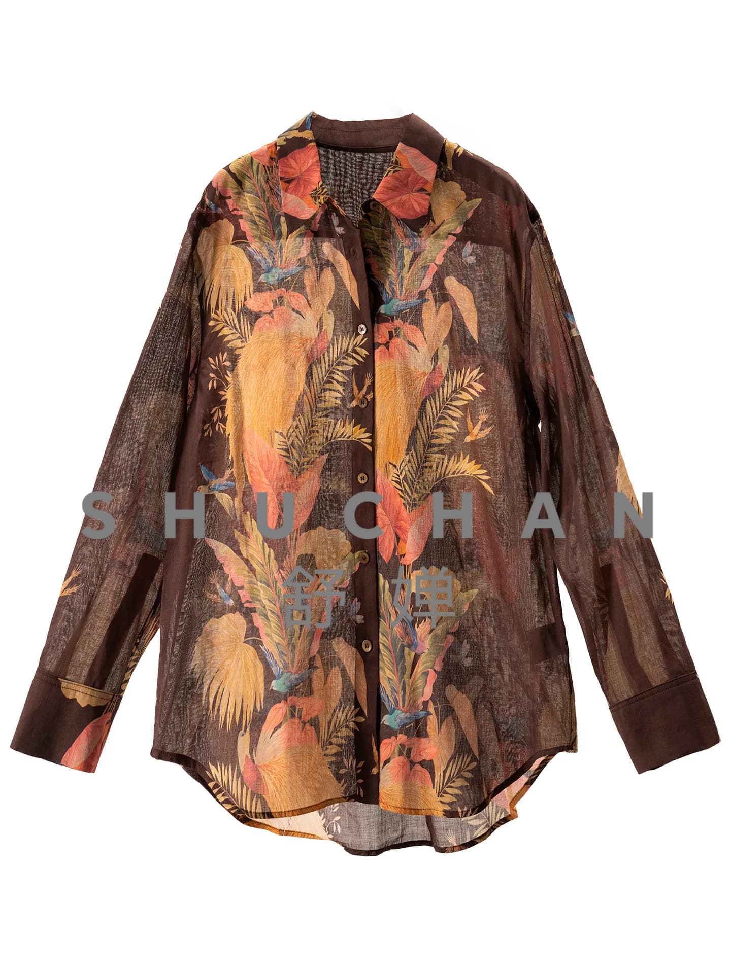 Camicia stampata Finch Dance Palm Light Luxury in cotone stampato + ramia con pendolo ad arco da donna 36J1