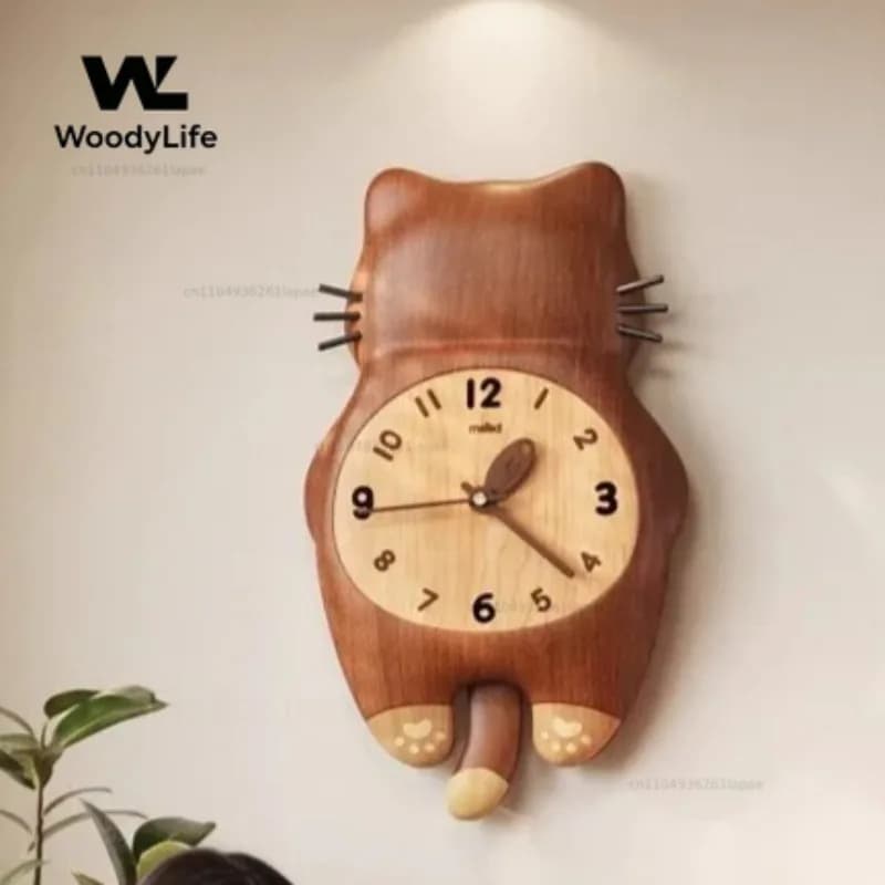 Retro Cat Wall Clock, Solid Wood Feline Design for Living Room, Whimsical Kitchen & Bedroom Decor