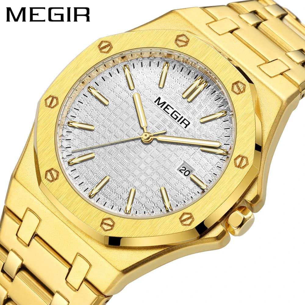 MEGIR Orologi da uomo Orologio analogico al quarzo originale alla moda in acciaio pregiato per uomo Orologio da polso con quadrante con data luminosa impermeabile