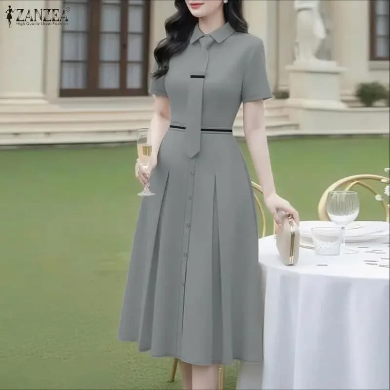 ZANZEA Elegante Office Lady Vestito Estivo Donna 2026 Abito Estivo Manica Corta OL Lavoro Abiti A Pieghe Tie Design A-Line Midi Robe