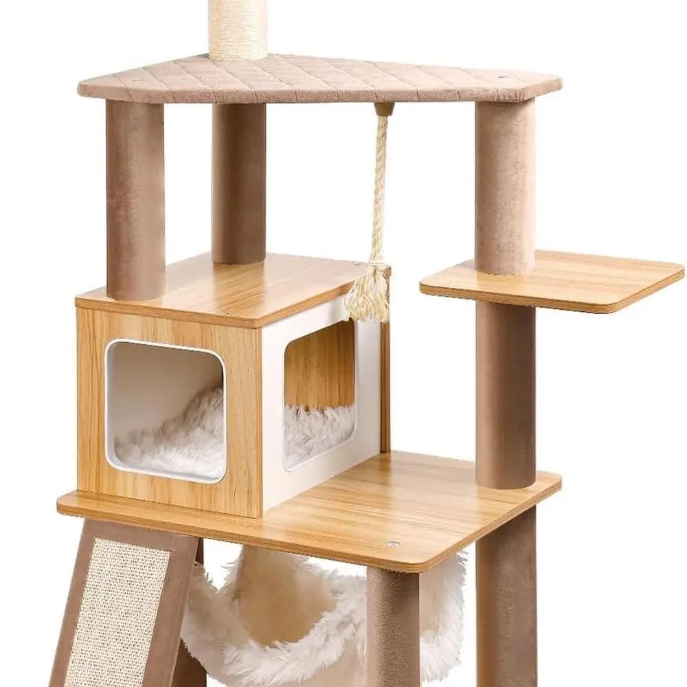 Lussuoso Albero per Gatti da Interno 61 con Zona Relax in Peluche, Casette, Amaca e Tiragraffi