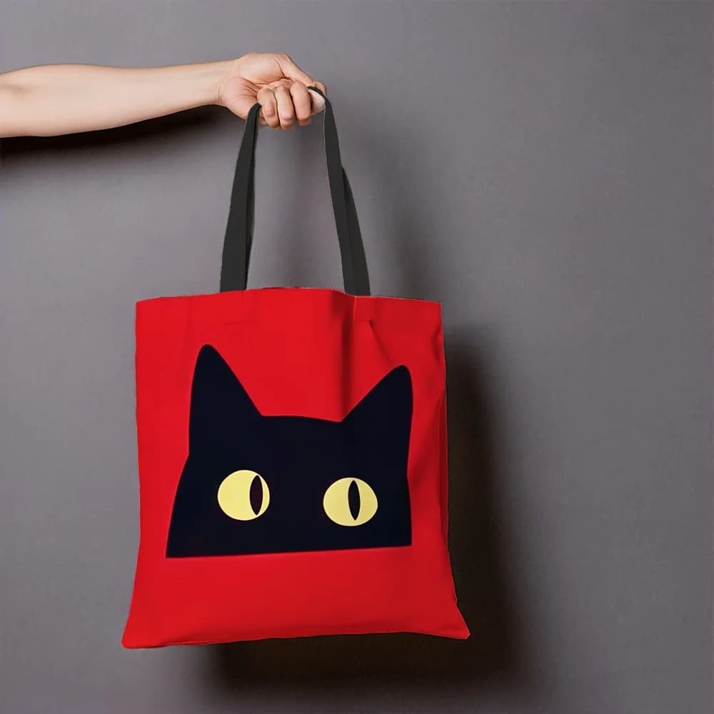 Stylish Red Handbag with Cute Black Cat Design, Spacious Interior for Shopping, Daily Errands and Travel