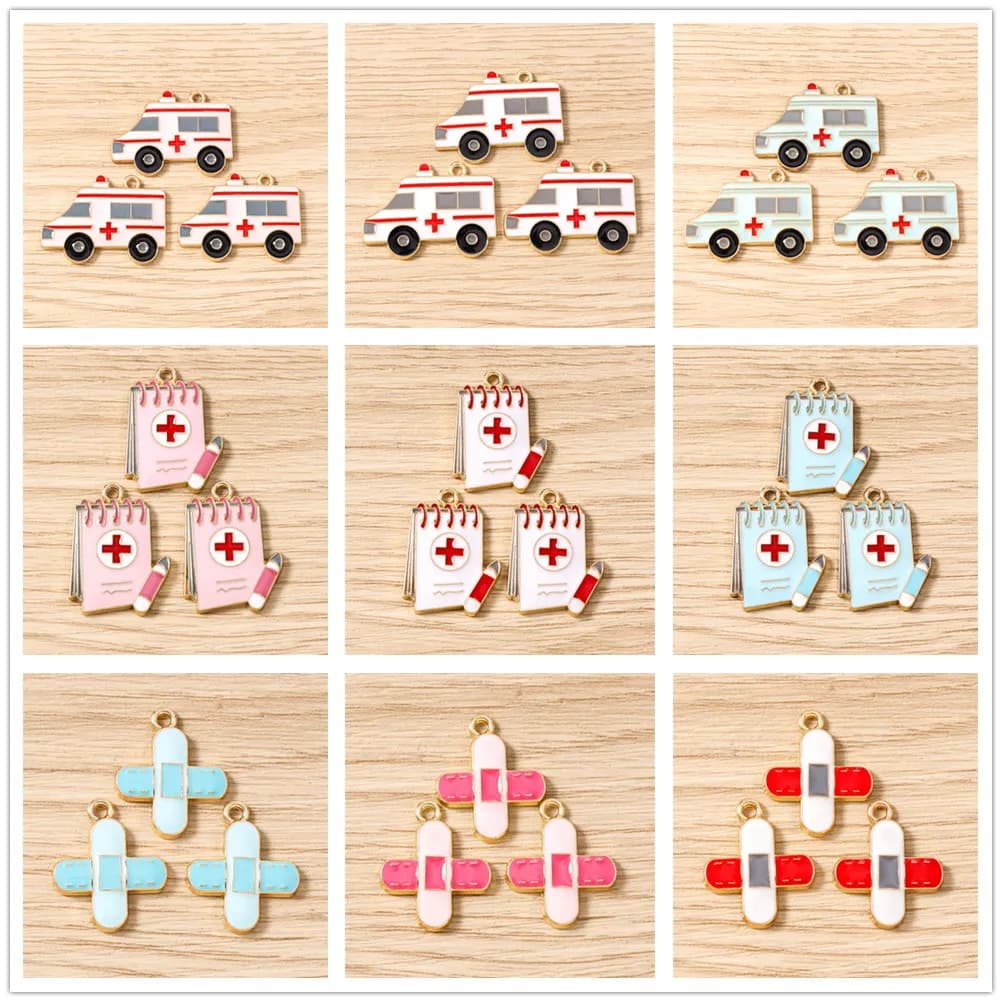 Tusember 10Pcs New Enamel Doctor Medication Tank Thermometer Ambulance Charms Nurse's Day Pendants Jewelry Making Accessories