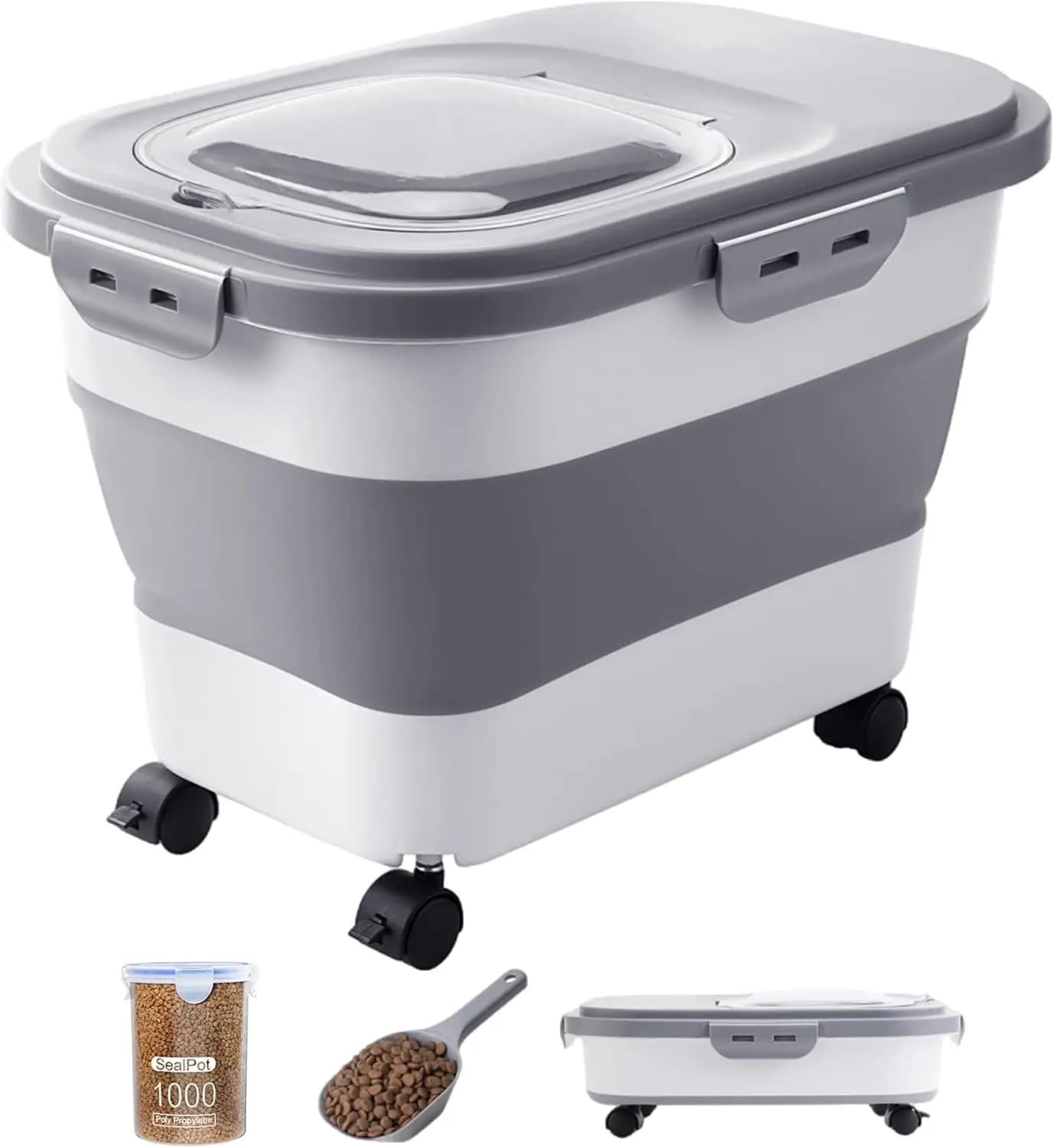 Contenitore Pieghevole per Cibo per Cani con Ruote e Paletta, Contenitore Ermetico per Alimenti per Animali da 9-10 kg, Include Ciotola da Viaggio