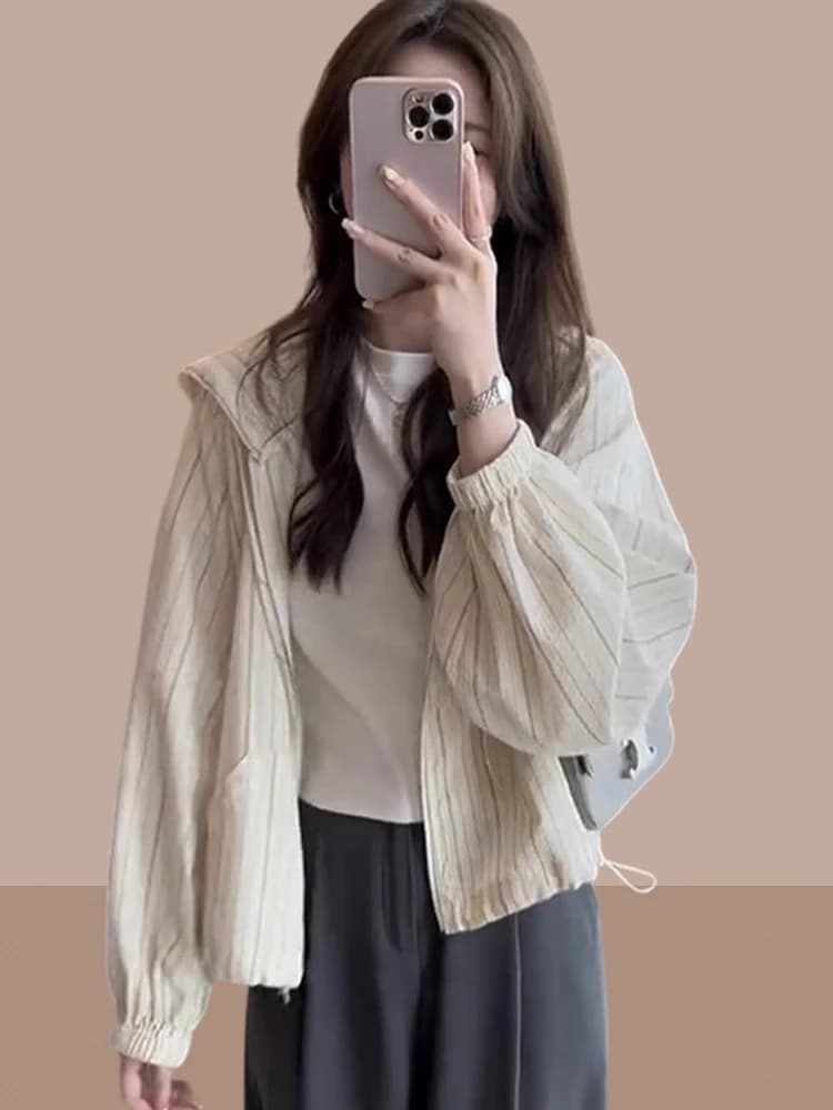 Casual Striped Hooded Shirt Jacket Women's Long Sleeve Sun Protection Top Fashionable Spring Autumn Wear Versatile Loose Fit