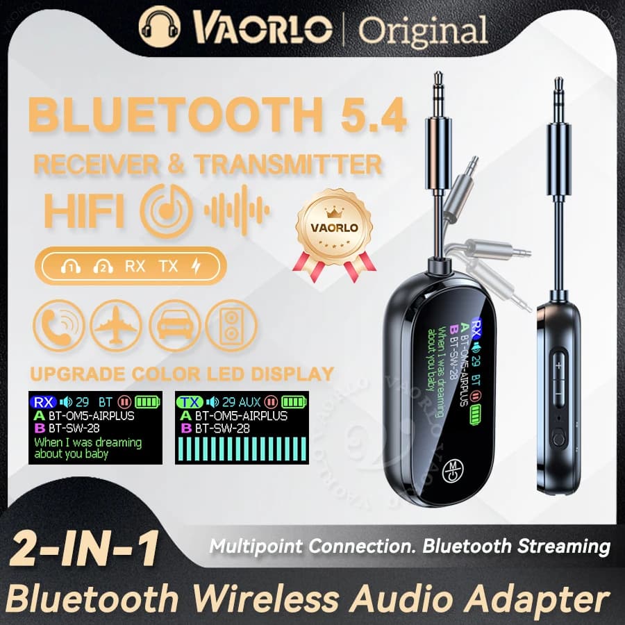 Bluetooth 5.4 receiver transmitter with color LED display 2 in 1, 3.5 mm stereo AUX wireless audio adapter for airplane, microphone for TV, PC, headphones, car, airplane
