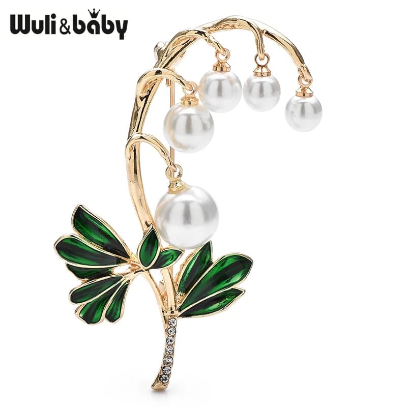 Wuli&baby Enkianthus Chinensis Spilla con fiori di perle Smalto Foglia Gioielli da donna Spilla Accessorio regalo