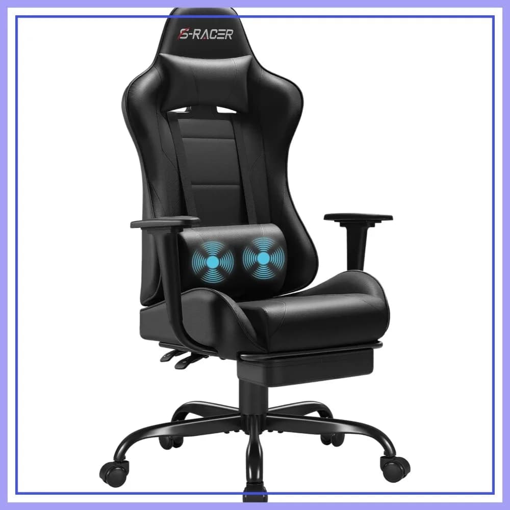 Sedia da gaming con poggiapiedi e supporto lombare massaggiante, sedia da computer regolabile in altezza con poggiatesta e sedile girevole (Nero)