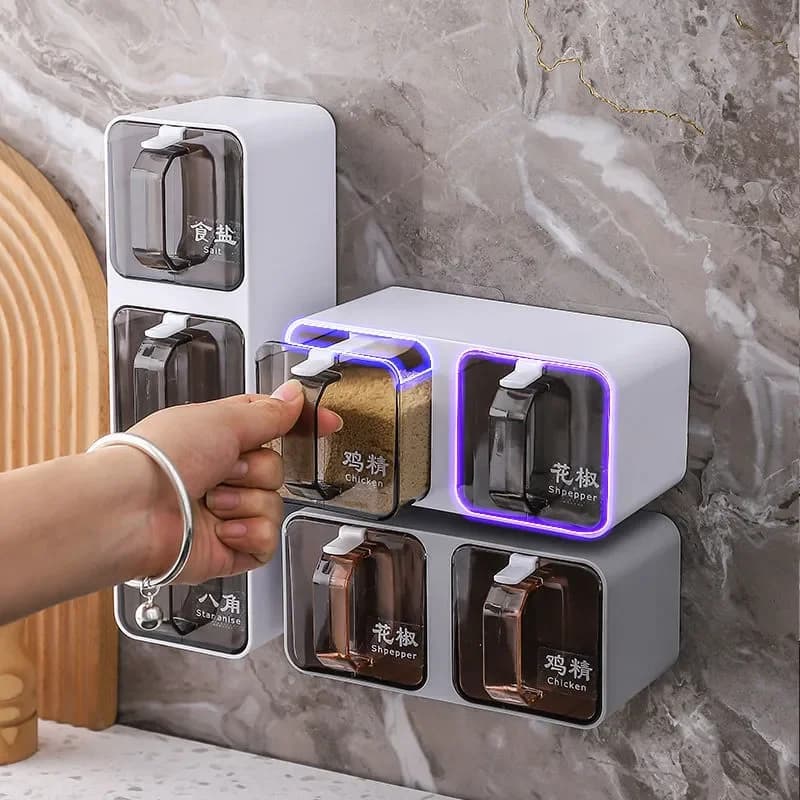 Scatola per condimenti a parete Portaspezie Zuccheriera Saliera Contenitore per condimenti Scatole per spezie con cucchiai Set combinato da cucina