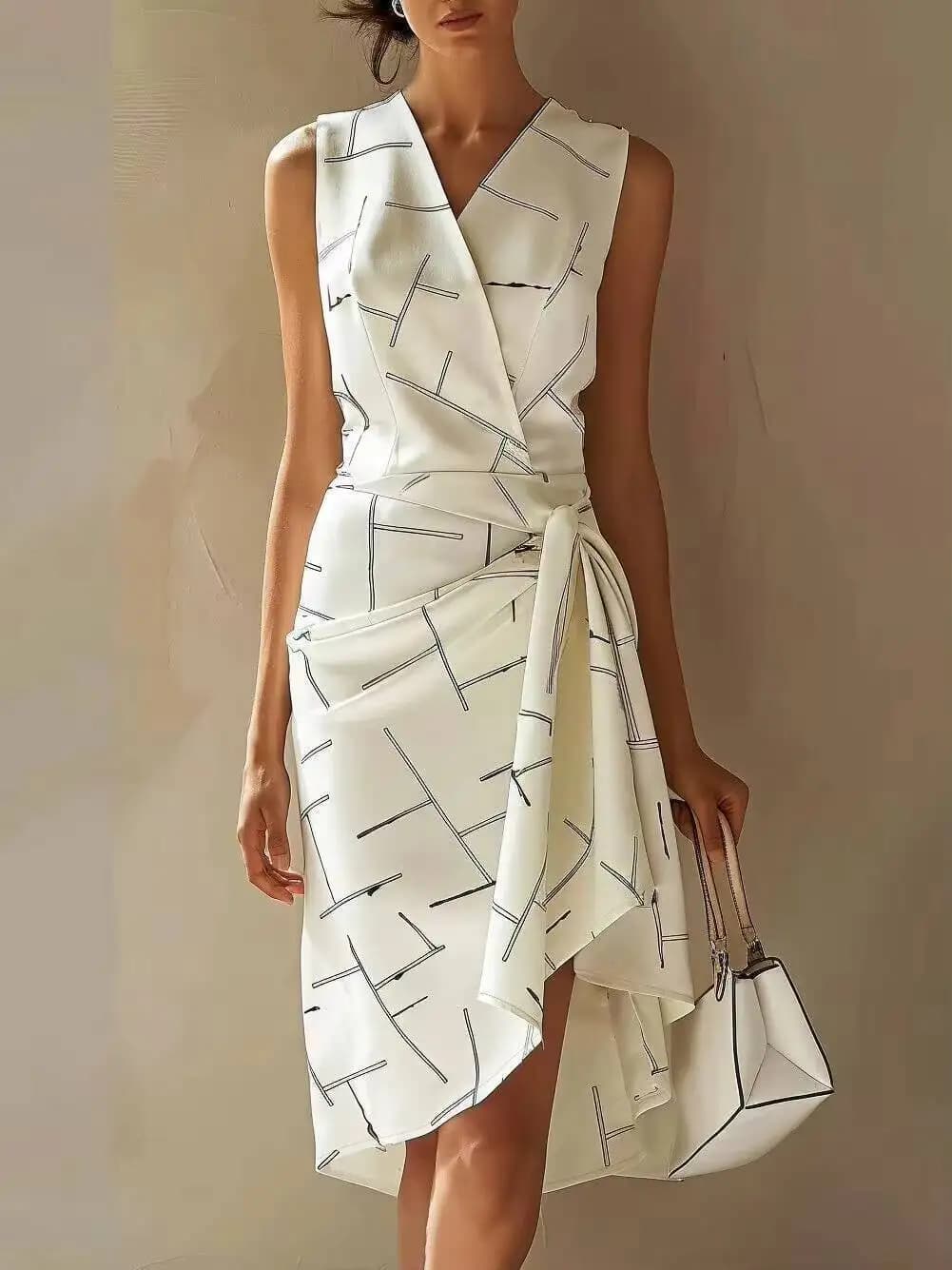 Women Sleeveless V Neck Wrap Geometric Print Bodycon Midi Dress Minimalist Spring Summer Elegant Vacation Brunch Date Flattering