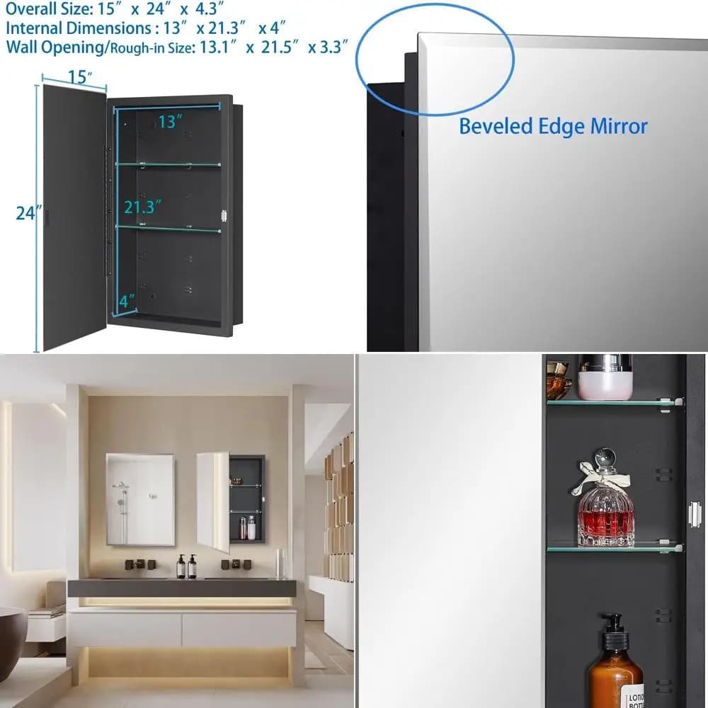 Armadietto dei medicinali con porta a specchio smussato da 15x24 pollici, ripiani regolabili, portaoggetti da bagno da incasso/montaggio superficiale