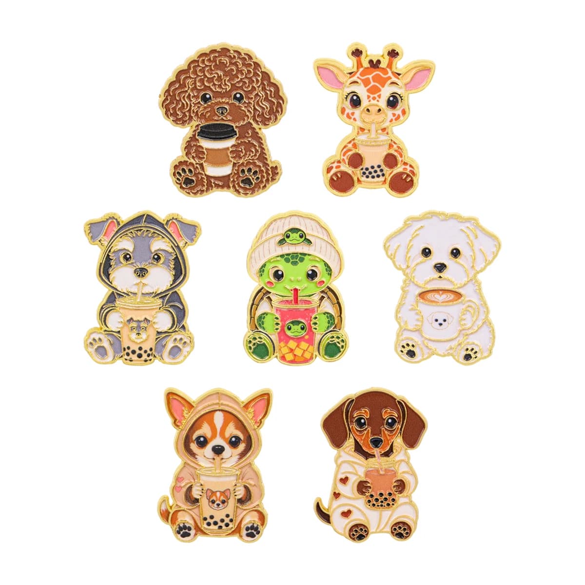 7pcs/set Cute Animal Enamel Pins Puppy Giraffe Turtle Bubble Tea Lapel Badge for Backpack Clothing Hat Jewelry Gift