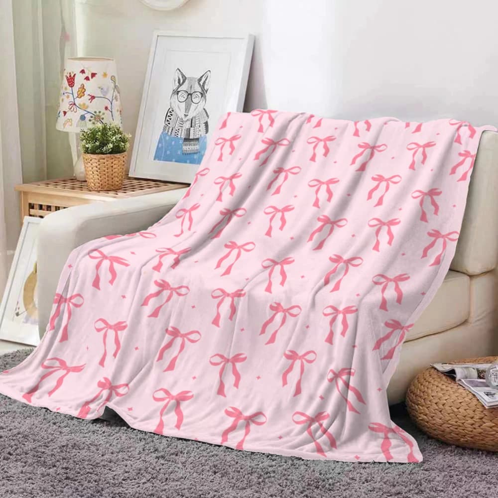 Pink Bow Ribbon Pattern Print Throw Blanket warm living room sofa Blanket balcony leisure space garden bench Birthday presents