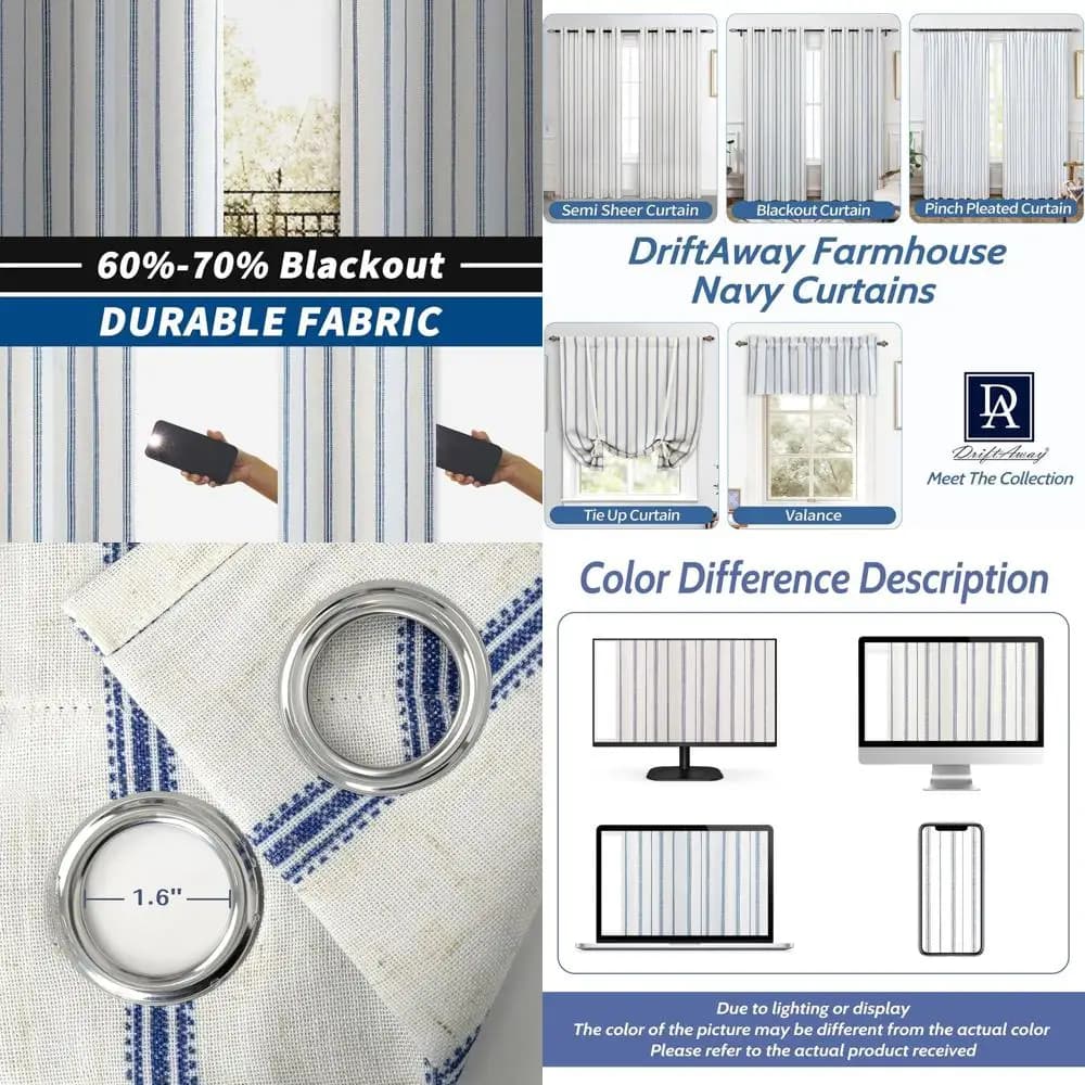Double layer insulating eyelets with noise reduction, striped, per bedroom, navy blue, 2 panels W52xL96