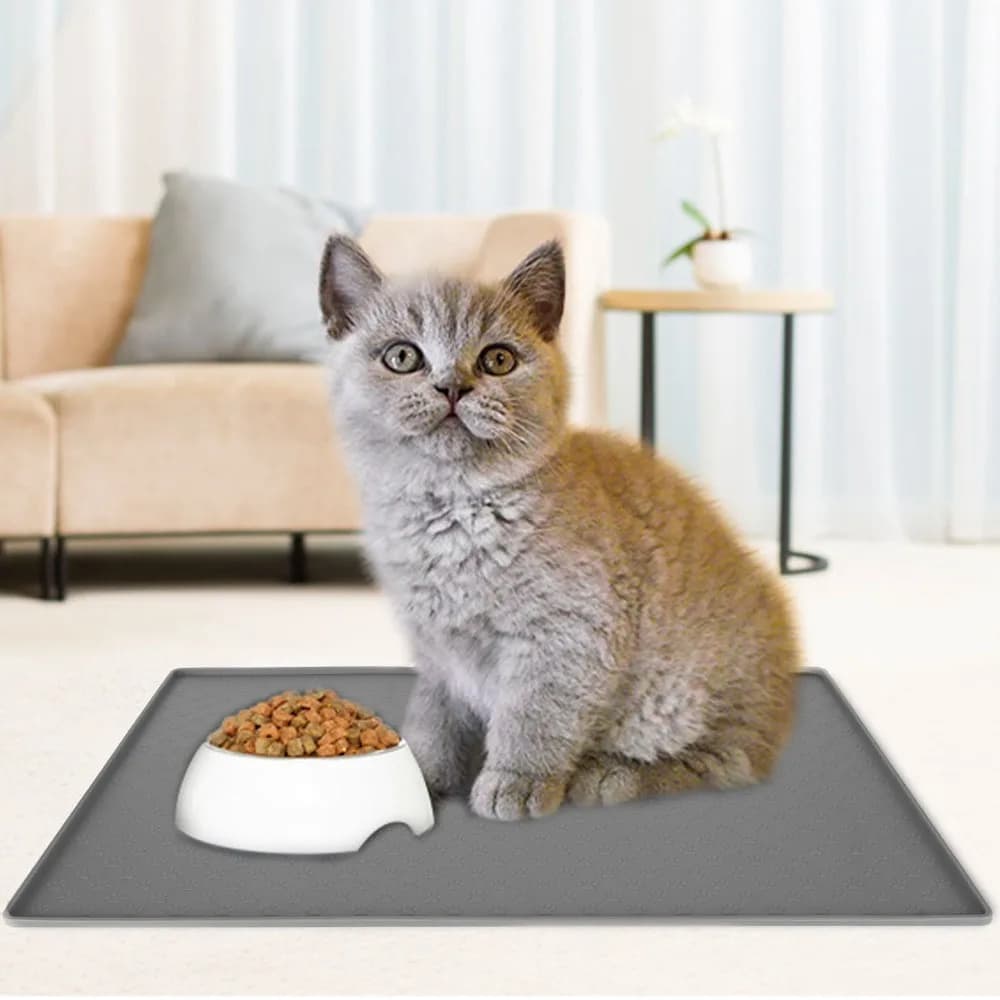 Raised Edge Pet Feeding Mat Splash Proof Paw Printed Food Placemat Anti Slip Flexible Texture Pet Bowl Pad Floor Protection