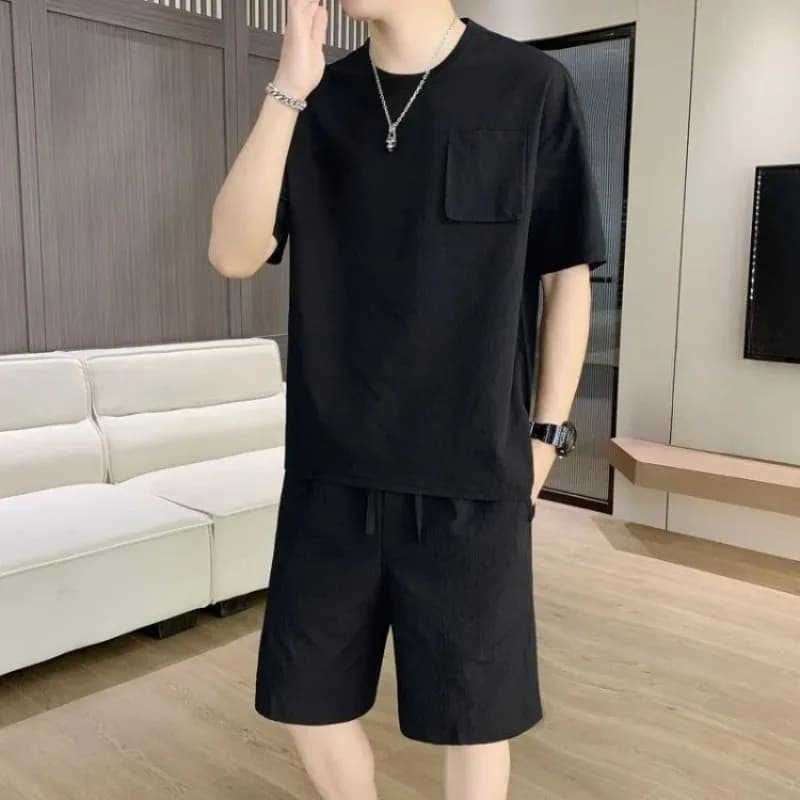 New Arrival: Men's Complete 2 Pieces, Court Sleeves, Solid Color, Chinese Casual Trendy Style, Comfortable and Elegant Sports Shorts