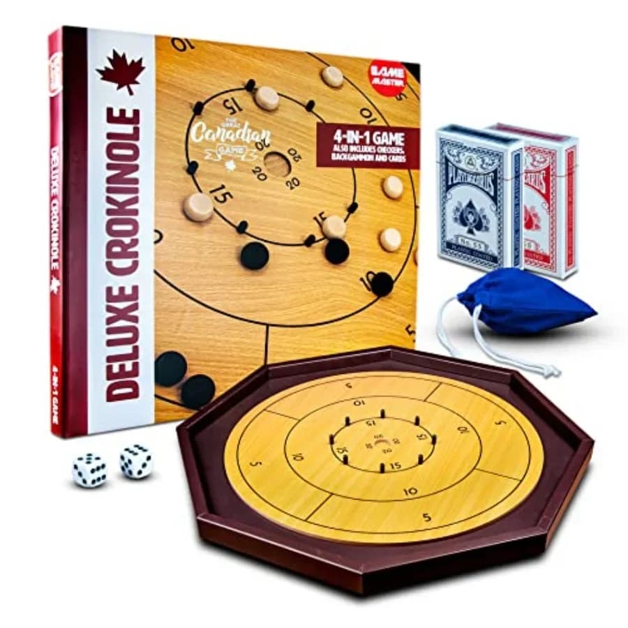 Set da gioco Crokinole Deluxe 4 in 1 per serate di gioco in casa: tavola in legno, finitura naturale, include 32 dischi, 2 dadi, 2 mazzi di carte
