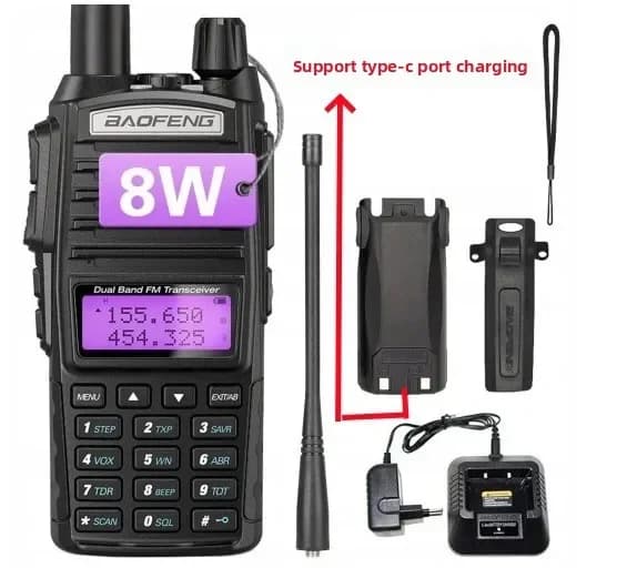 Walkie-talkie per Auto UV-82 Durevole, Ricarica USB Type-C, Uso Esterno, Alta Potenza 8W