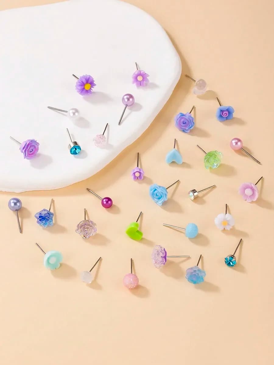 30 Pairs Cute Multi-Color Flower And Heart Stud Earrings For Women Gift