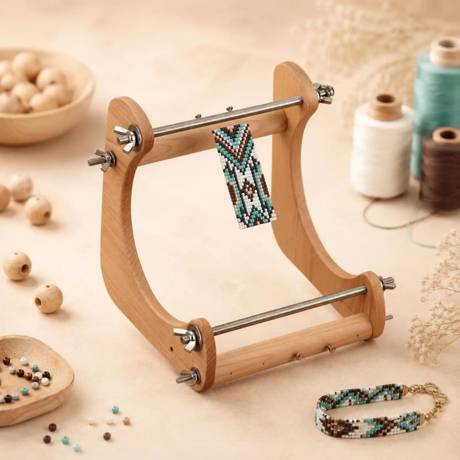 Hand Operated Adjustable Weaving Loom Wood Frame Tool Beadwork Kit for DIY Bracelet and Jewelry Crafting