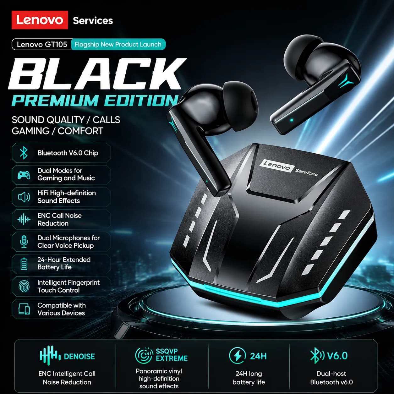 Lenovo GT105 Gaming Headphones Bluetooth 6.0 Wireless Earphones RGB Lighting Esports Earbuds Ultra-Low Latency 24H Playtime Gift