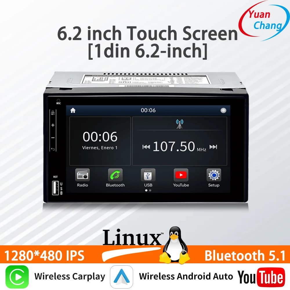 Linux system For 6.2 inch Touch Screen 1din car Multimedia player wireless CarPlay Auto Bluetooth YouTube USB DSP