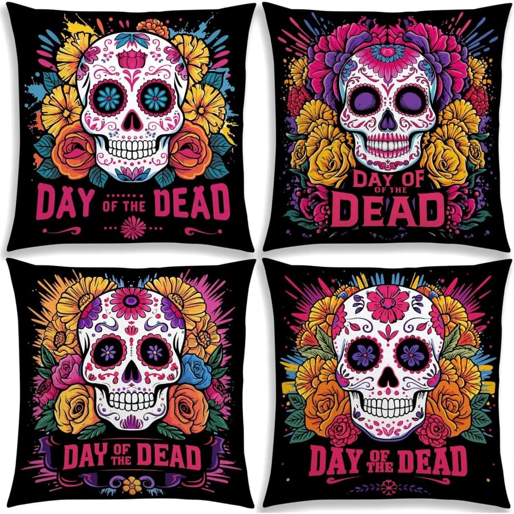 Linen Day of The Dead Throw Pillow Covers 18x18 Set of 4 Sugar Skull Dia De Los Muertos Party Decoration for Home Bed Couch Sofa