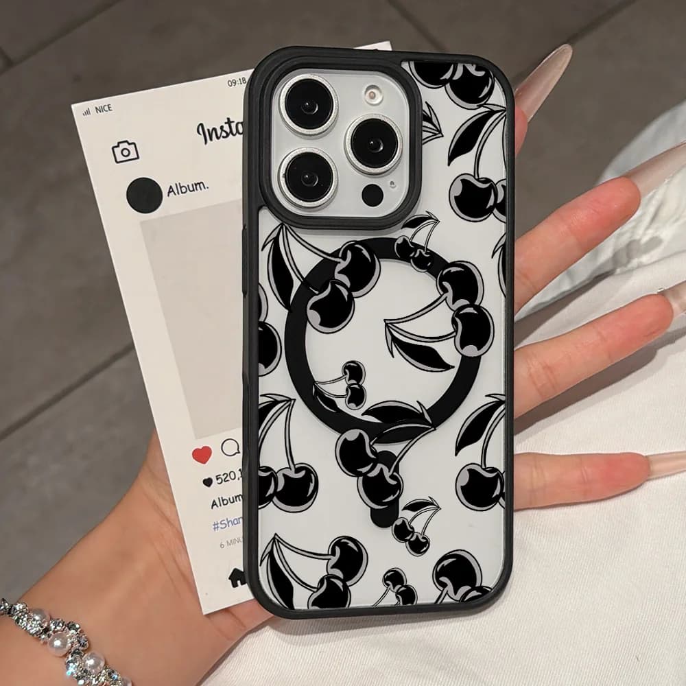 Black Cherry Pattern Magnetic Shockproof Phone Case For iPhone 18 17 16 15 14 13 12 11 Pro Max Anti Drop Cover