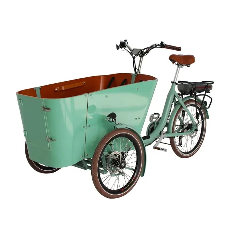 Bicicletta Elettrica da Carico a Tre Ruote con Cassone Rotondo in Legno, Bici Cargo Olandese, Triciclo Familiare Motorizzato per Trasporto Bambini