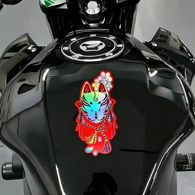 1pc Holographic Japanese Fox Mask 2D Flat Vinyl Sticker, Waterproof UV Resistant Decal for Car Window Motorcycle Helmet Luggage