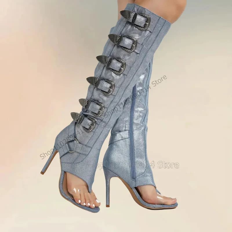 Sandali con Tacco Alto Sottile in PVC Blu Cielo con Fibbia Decorativa e Cerniera Laterale, Scarpe da Donna alla Moda per Feste 2025