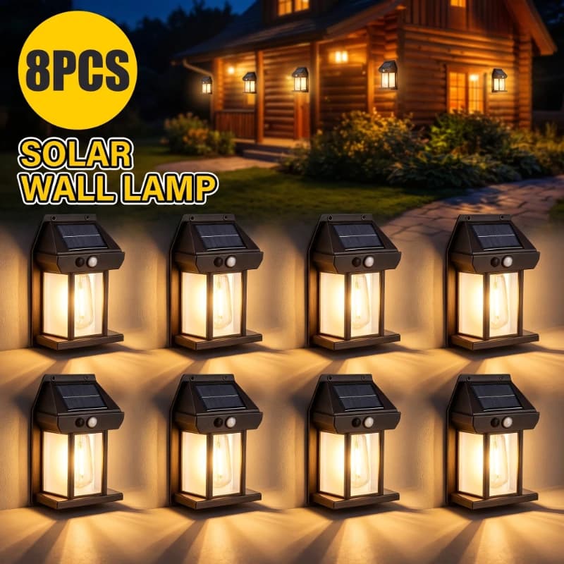1/2/4/8Pcs Outdoor Solar Tungsten Wall Light with Motion Sensor Waterproof 3 Modes LED Safety Light for Patio Deck Porch Garage