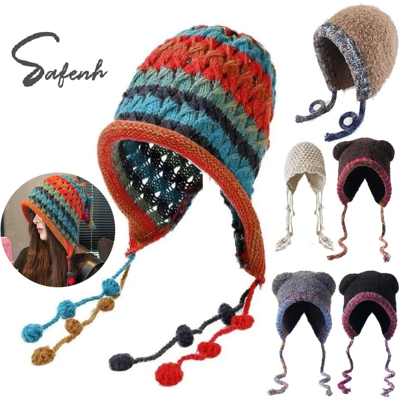 Carino cappello di protezione per le orecchie lavorato a maglia a prova di freddo autunno inverno cappelli Plu per le donne grande circonferenza della testa viso berretto antivento dimagrante