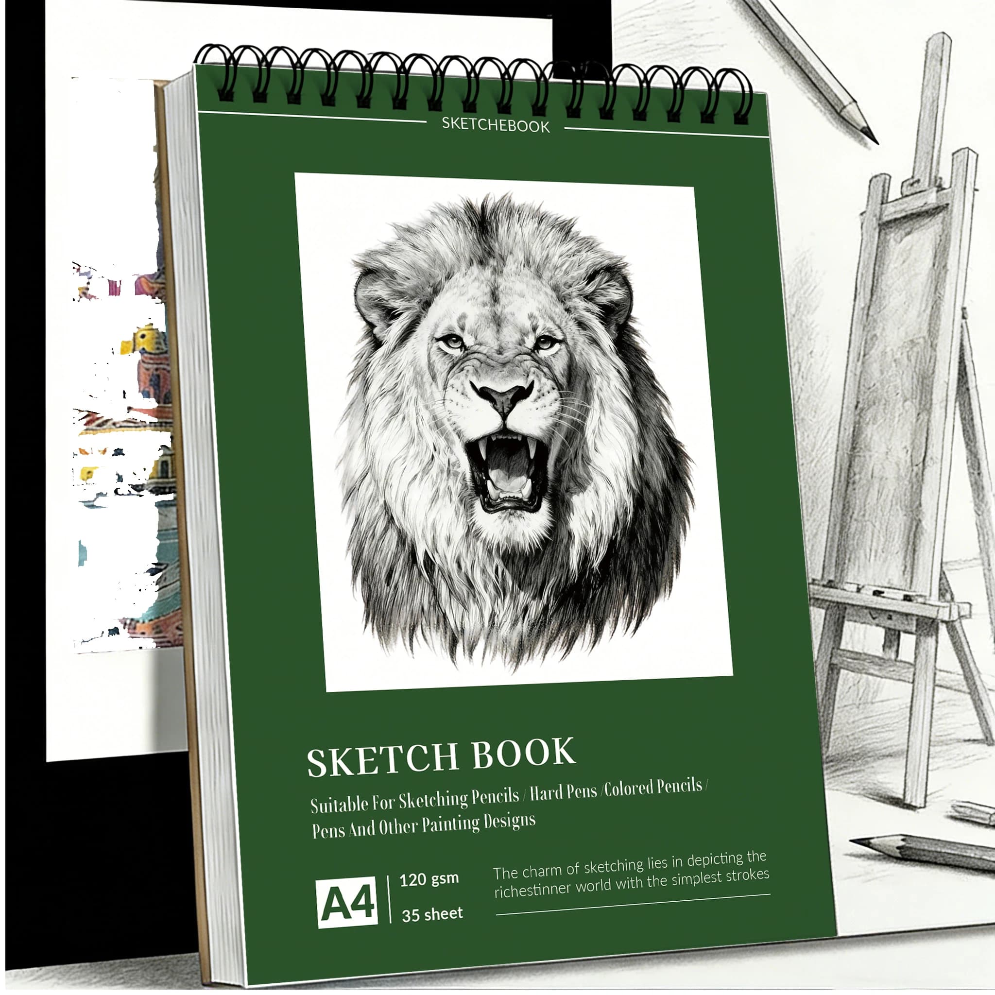 A4 Spiral Sketchbook with Lion Head Sketch Art Cover, 120 GSM Thick Paper, 35 Sheets, Multi-Media Art Pad for Adults – Ideal