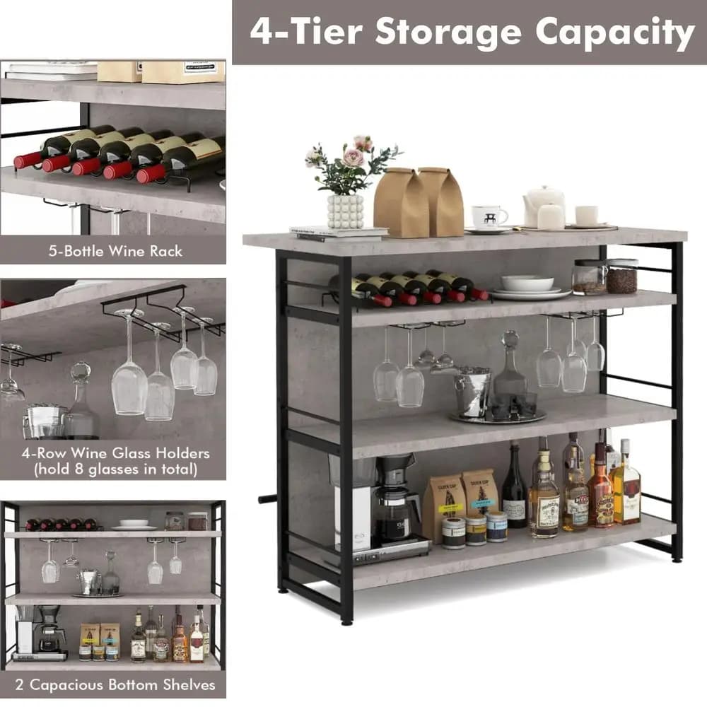Isola da Cucina 2 in 1, Tavolo Bar Industriale a 4 Livelli con Ripiani Portaoggetti, Portabottiglie, Portabicchieri e Poggiapiedi, Struttura in Metallo