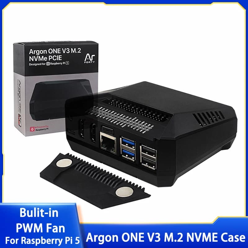 Argon ONE V3 M.2 NVME Aluminum Foil Housing Integrated PWM Fan PCIe Heat Sinks at M.2 NVME SSD for Raspberry Pi 5