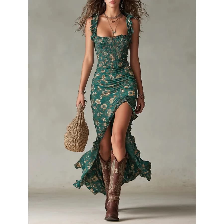 【New style】2026 pastoral style summer new style small floral print slim figure slimming waist wide skirt strap dress