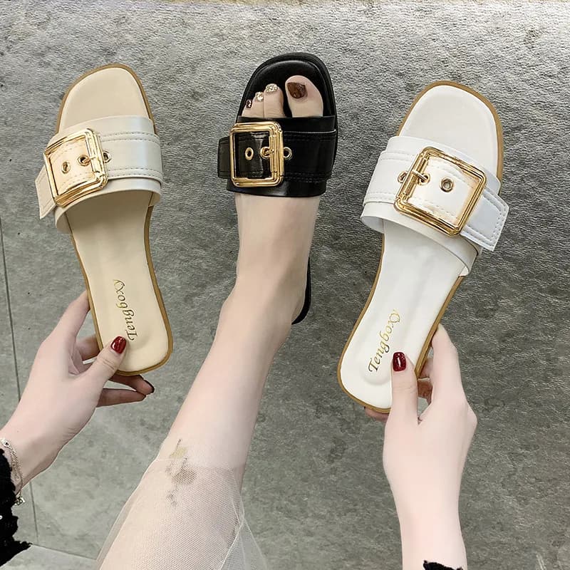Slippers Women 2026 Summer Good with Square Buckle Flip-flops Women Flat Flip-flops Fashion Casual Wear Student Sandals