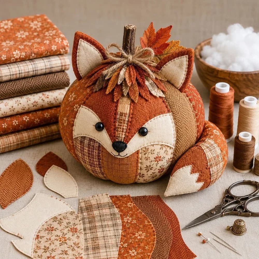 Vintage Style Whimsical Patchwork Pumpkin Fabric Kit Cow Cat Owl Bear Halloween DIY Sewing Kit Floral Fabric Stress Craft