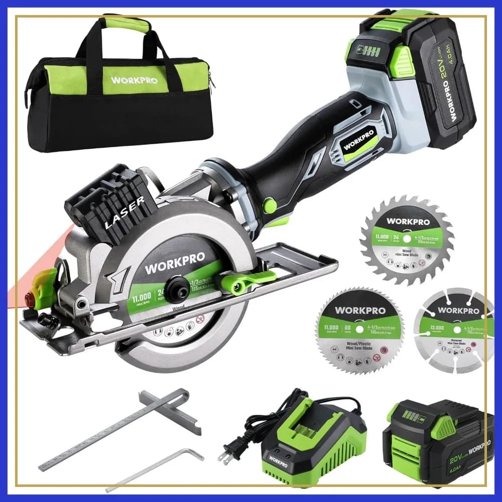 Sega Circolare Mini Cordless 4-1/2" 20V, 4500 Giri/Min, Guida Laser, Batteria 4.0Ah e Caricabatterie, 3 Lame