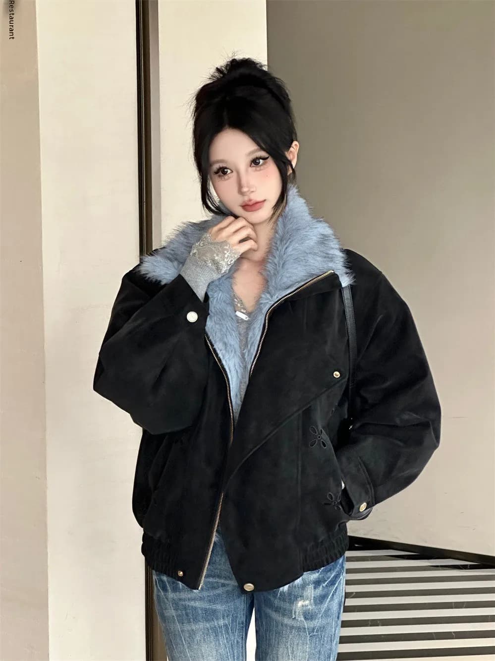 Warmth Oak And Hazelnut Short Jacket Women's Faux Fur Collar Stand up Shirt Style Coat Thick Winter Outerwear Cotton Blend