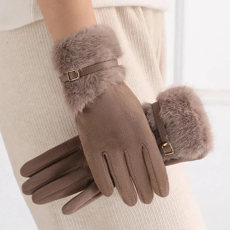 Guanti invernali da donna con fodera in pile, caldi, antivento, resistenti al freddo, decorazioni in peluche, adatti per la guida e il ciclismo, 1 paio