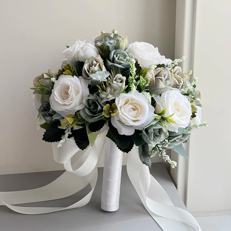 Sage Green Roses Bridal Bouquet Wedding Accessories White Bride Bouquet Bridesmaids Marriage Wedding Supplies Artificial Flowers