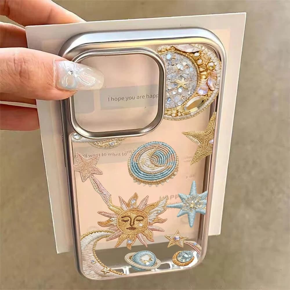 Cover per iPhone con Design Artistico Sole, Stelle e Luna per iPhone 17 Air 16e 16 Pro Max 15 14 Plus 13 12 11, Custodia Posteriore in Silicone Antiurto