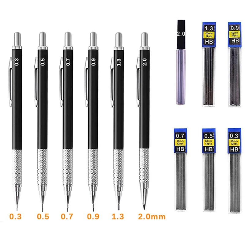 Black Metal Mechanical Pencil with Lead Smooth Writing Sizes 0.3 0.5 0.7 0.9 1.3 2.0mm For Sketching Painting