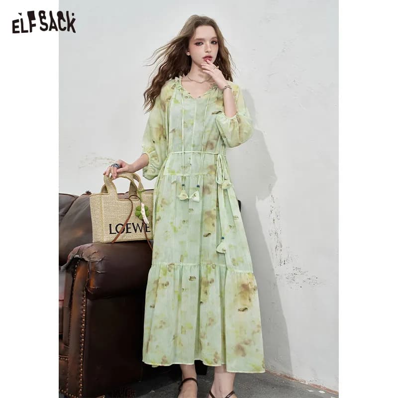 2024 Summer ELFSACK nuovi arrivi abito stampato a inchiostro per donna con cintura in vita ed elegante abito lungo