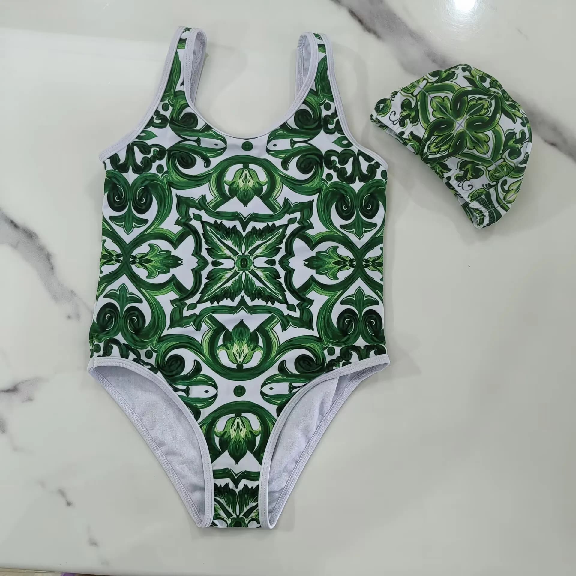 Costume da bagno intero per bambina 2026, nuovo modello floreale verde con cappuccio, per neonate e bambine piccole