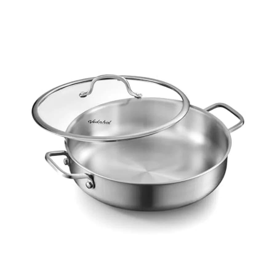Padella con Coperchio 12 Pollici 6QT in Acciaio Inox Tri-Ply, Pentola Profonda e Padella da Chef Compatibile con Induzione