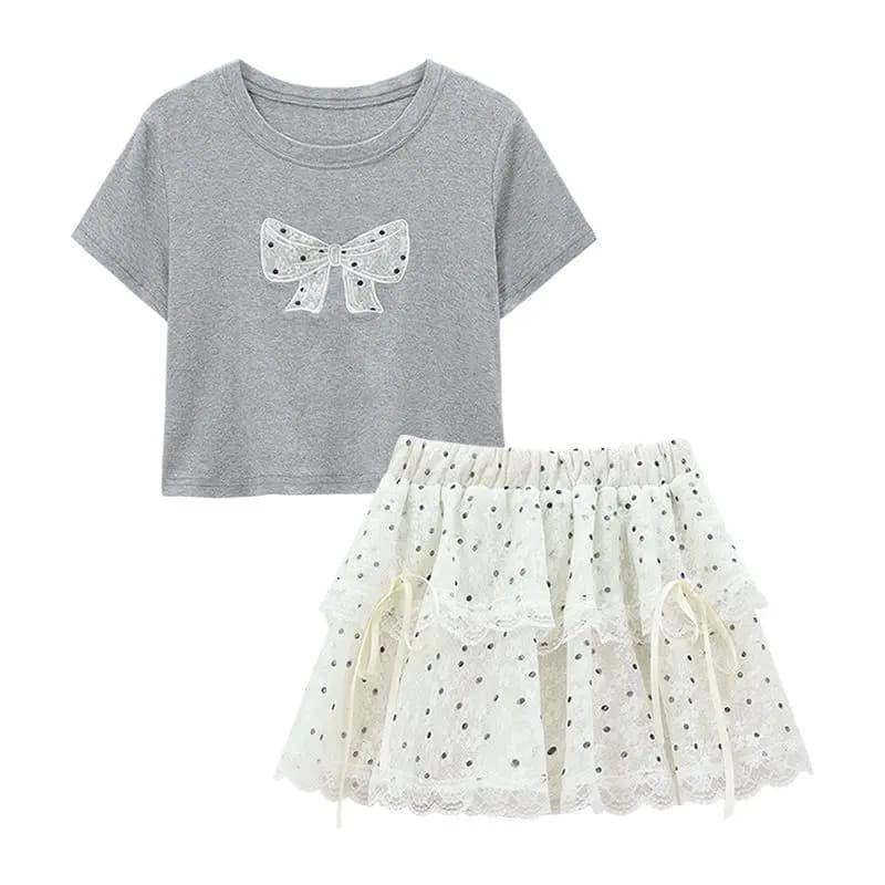 Abito dolce T-shirt a maniche corte con spalla frontale ricamata con fiocco per donna Set estivo in due pezzi con gonna a torta a pois in pizzo bianco