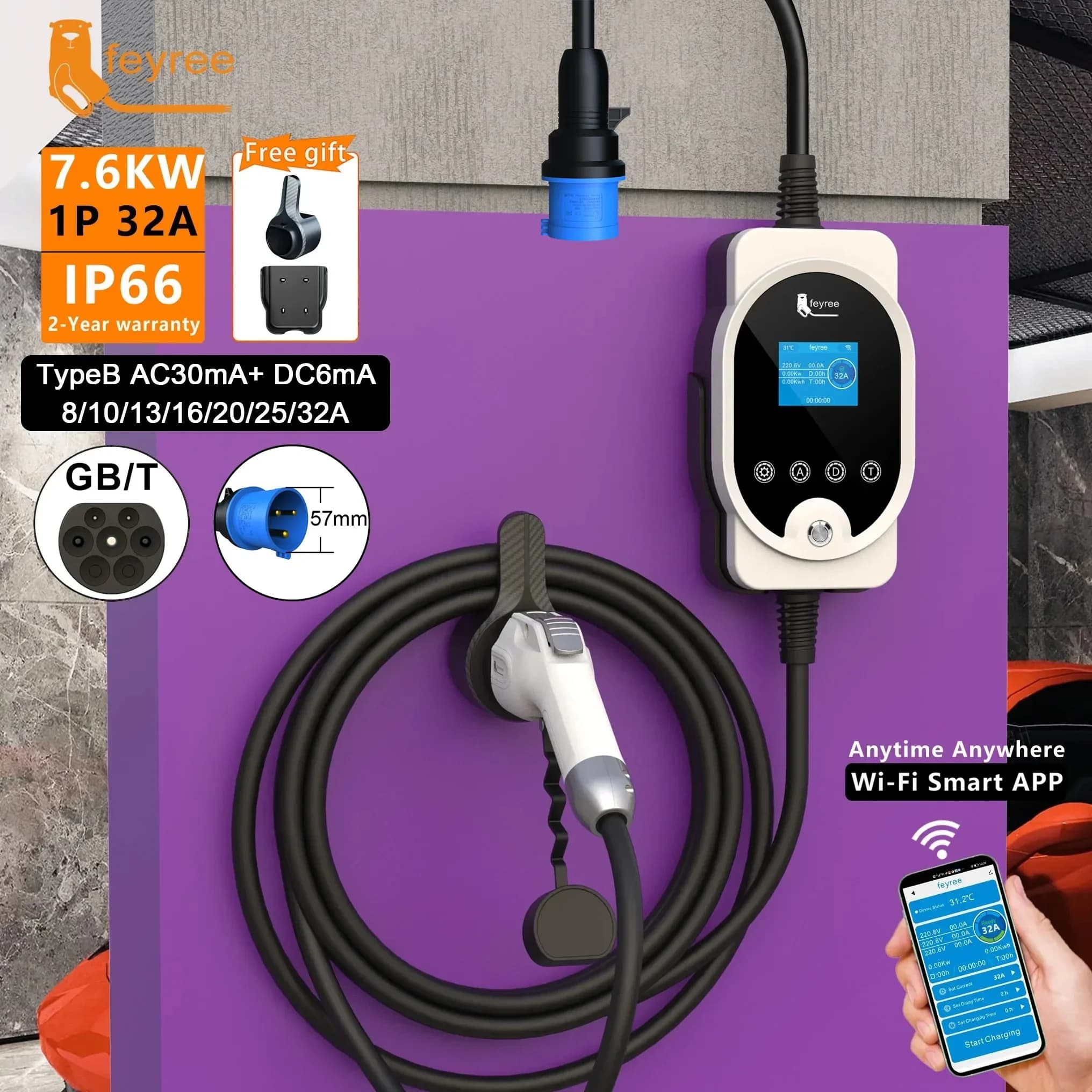 Feyree Battery Charger EV GB/T 7KW 32A EVSE Wallbox APP Bluetooth Version Set Charging time and delay time for electric cars